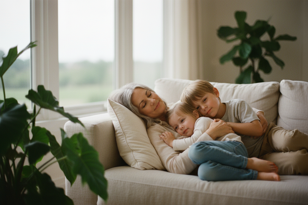 A relaxed woman in her fifties lying on a linen couch by a bright window with her two young grandchildren resting beside her