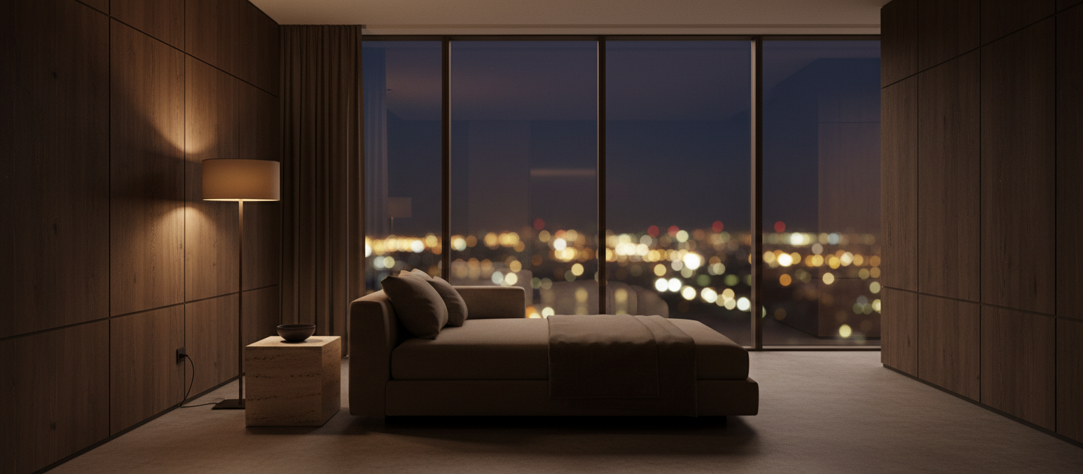 A hotel-style residential interior at night with dark oak panelling, linen seating and a soft city glow