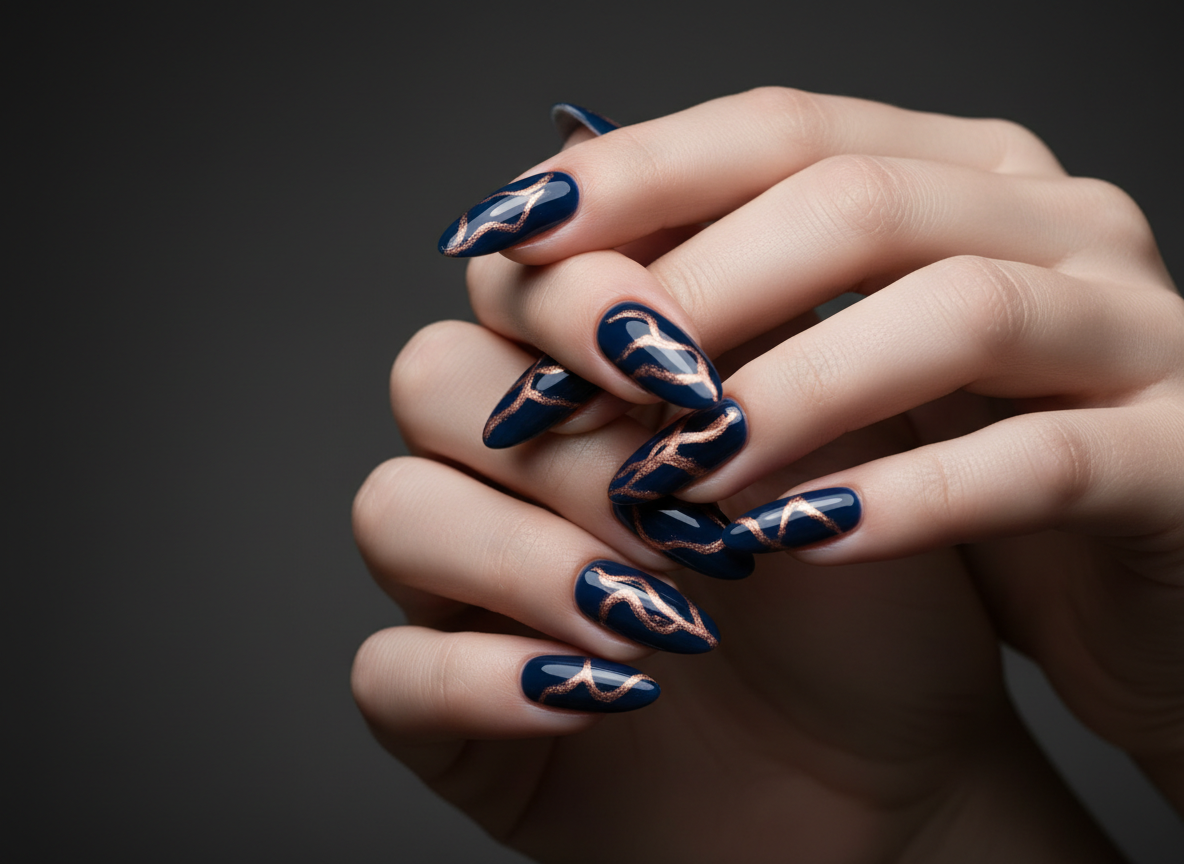 Long almond nails printed with deep navy and rose gold abstract artwork