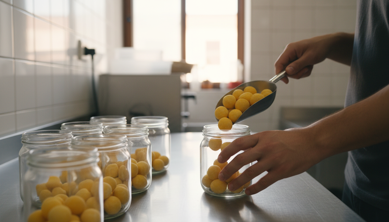 Hands scooping freeze-dried quail eggs into glass jars on a stainless steel table
