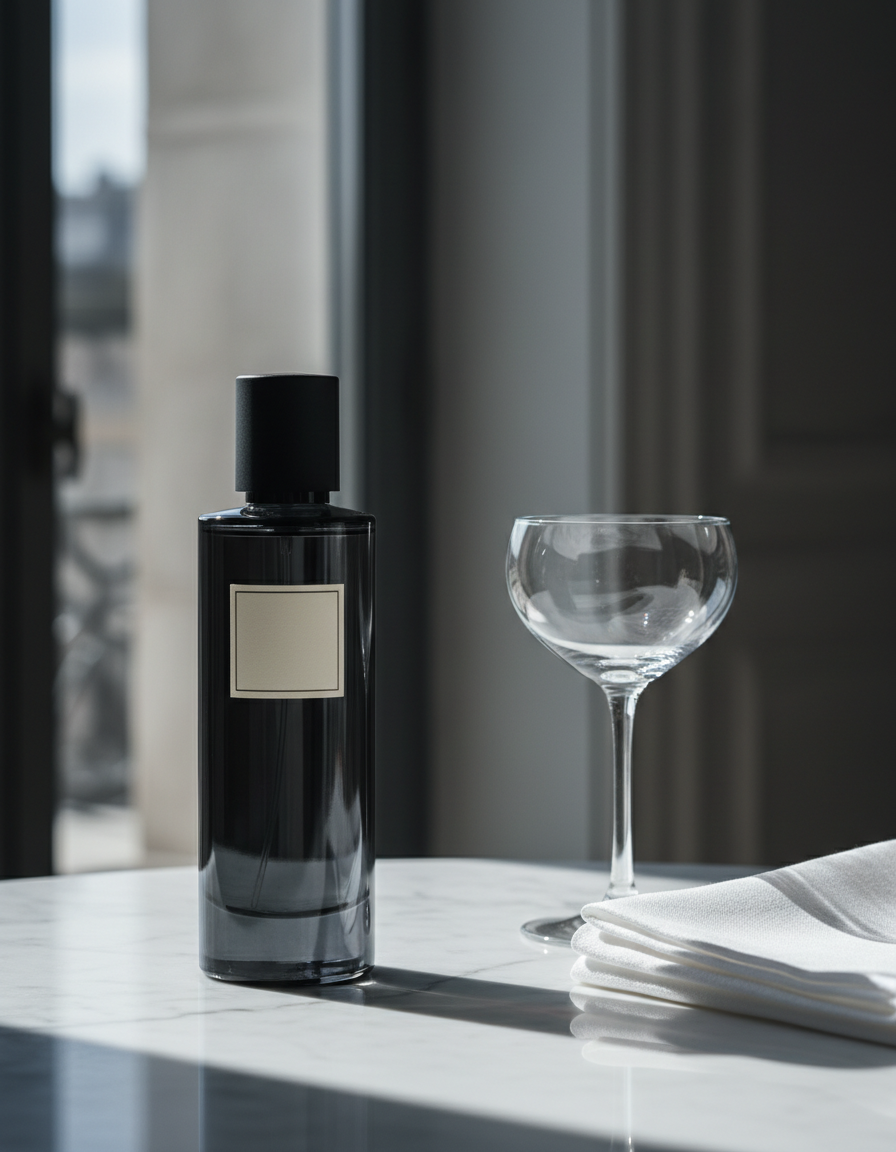 The Promenade — dark glass fragrance bottle on white marble beside crisp linen and a coupe glass