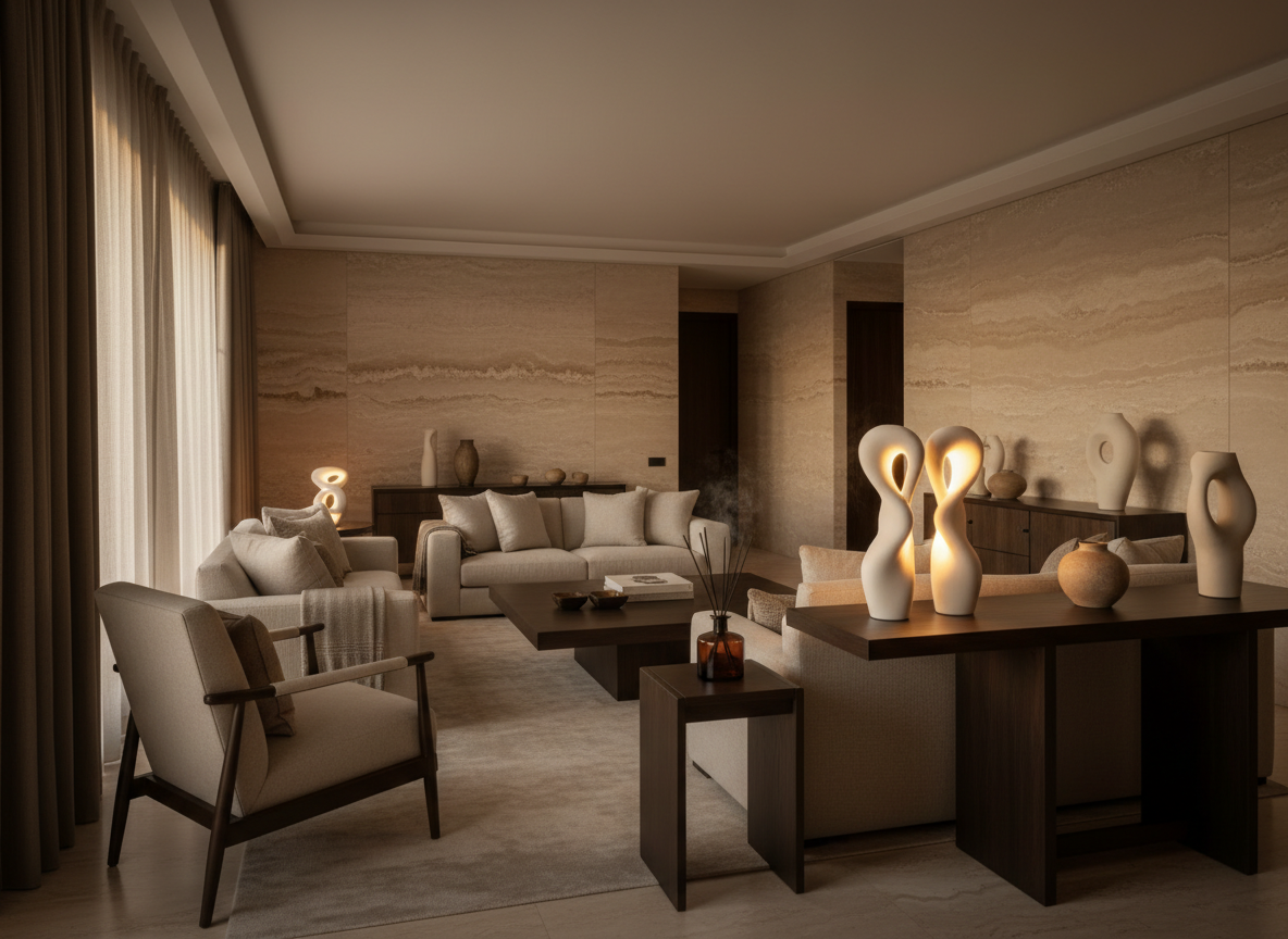 The same style of living room styled as a luxury hotel space in warm evening light