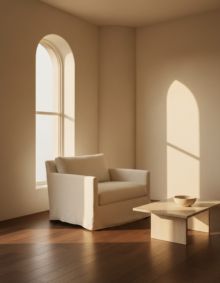 A serene high-end residential living space in warm morning light with linen and travertine