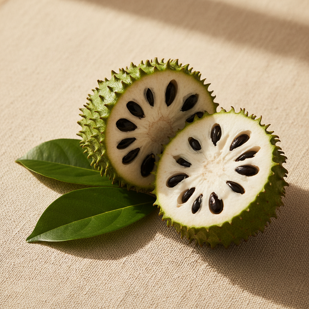 A fresh soursop fruit cut in half showing its white flesh, resting on cream linen with green leaves