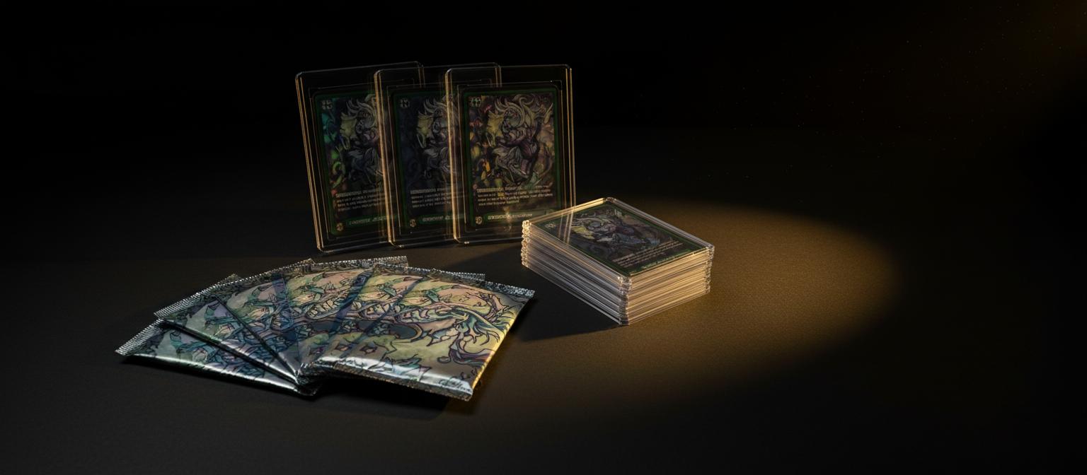 Sealed booster packs, graded slabs and sleeves lit on a black display surface