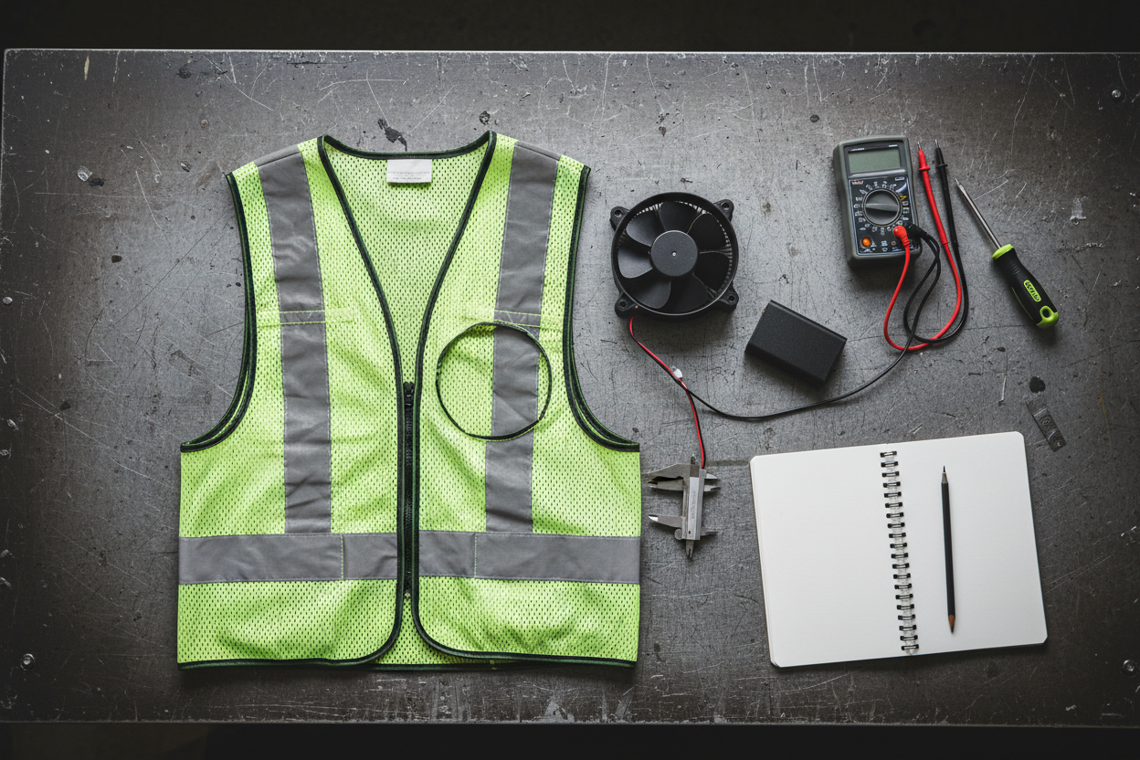 Vest partly disassembled on a workbench beside a fan unit, battery and measuring tools
