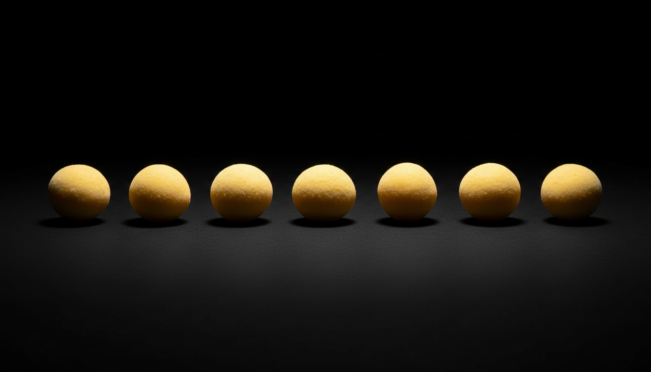 A row of freeze-dried quail eggs spotlit on a matte black surface