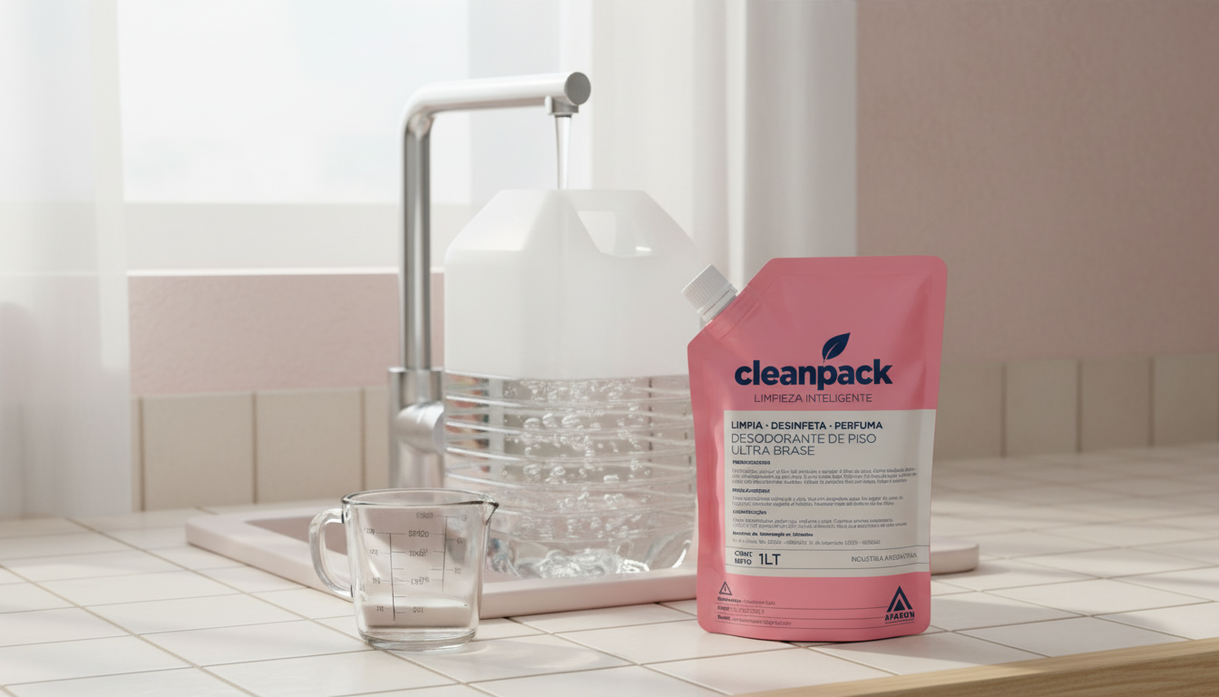 Preparaci&oacute;n de la diluci&oacute;n de CleanPack en un bid&oacute;n con agua sobre una mesada