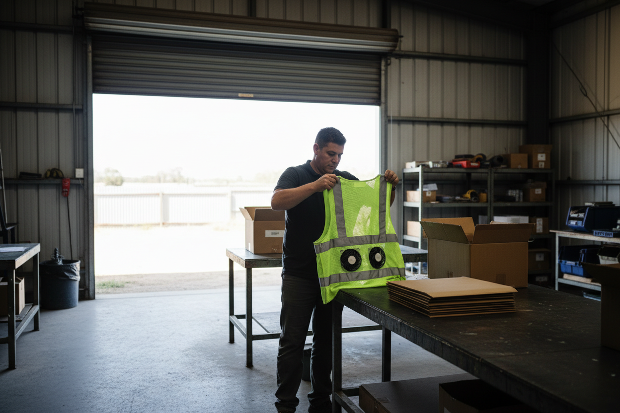Worker checking a fan vest at a packing bench in a small Australian warehouse