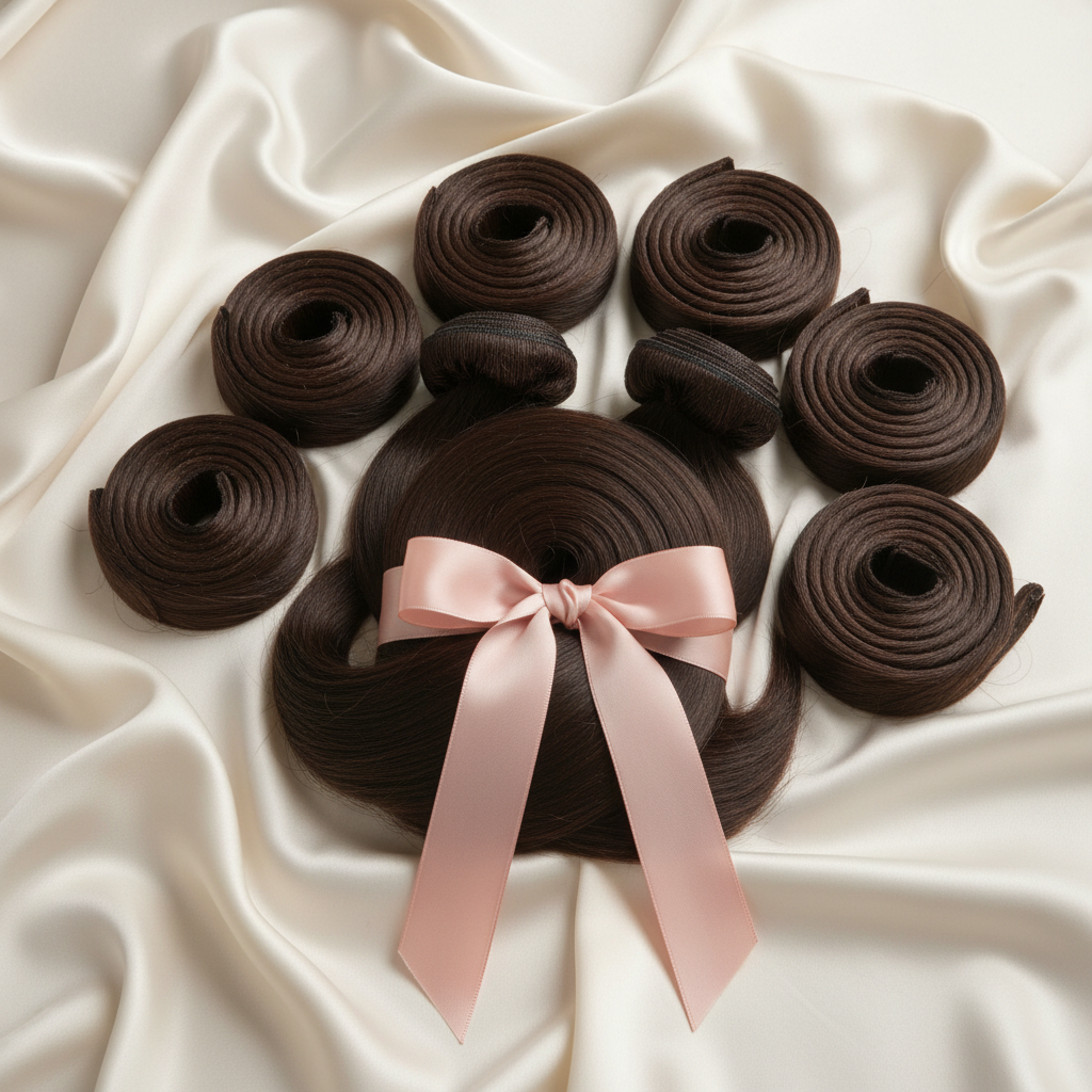 Bundles of dark brown hair extensions coiled on cream silk with a satin ribbon