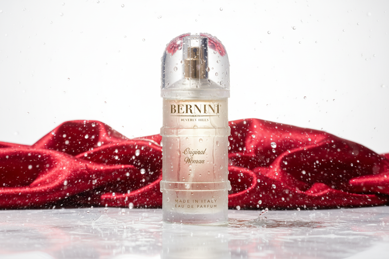 Bernini Original Woman bottle standing in falling rain against wet scarlet silk