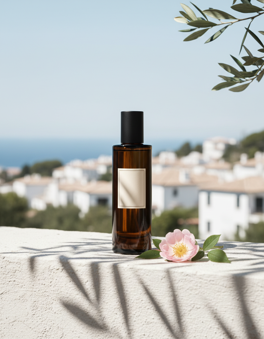 The Conservatory — dark amber glass fragrance bottle on whitewashed stone in dappled light through olive leaves