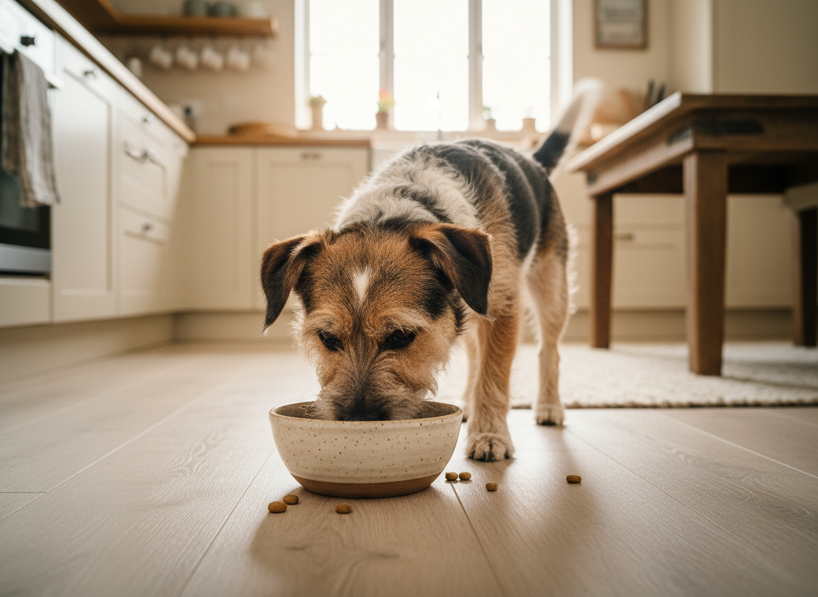A terrier mix happily eating from a bowl in a bright kitchen