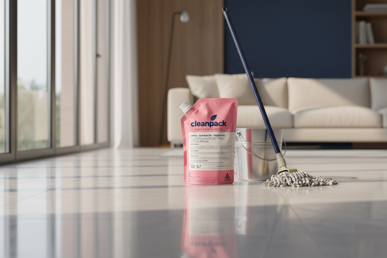 Doypack rosa de CleanPack de 1 litro sobre un piso reci&eacute;n baldeado, junto a un balde y una mopa
