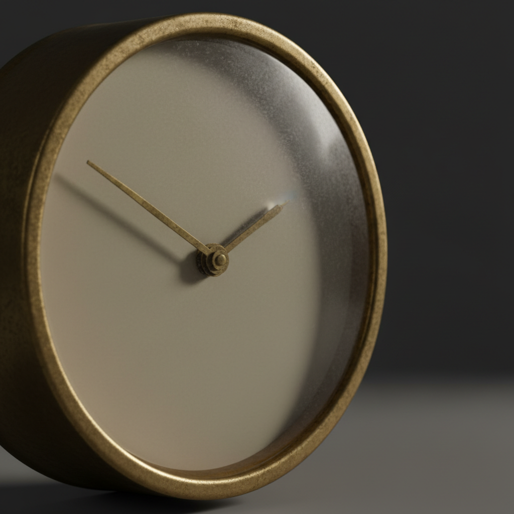A worn analog clock with a blank dial, lit from the side against a dark background