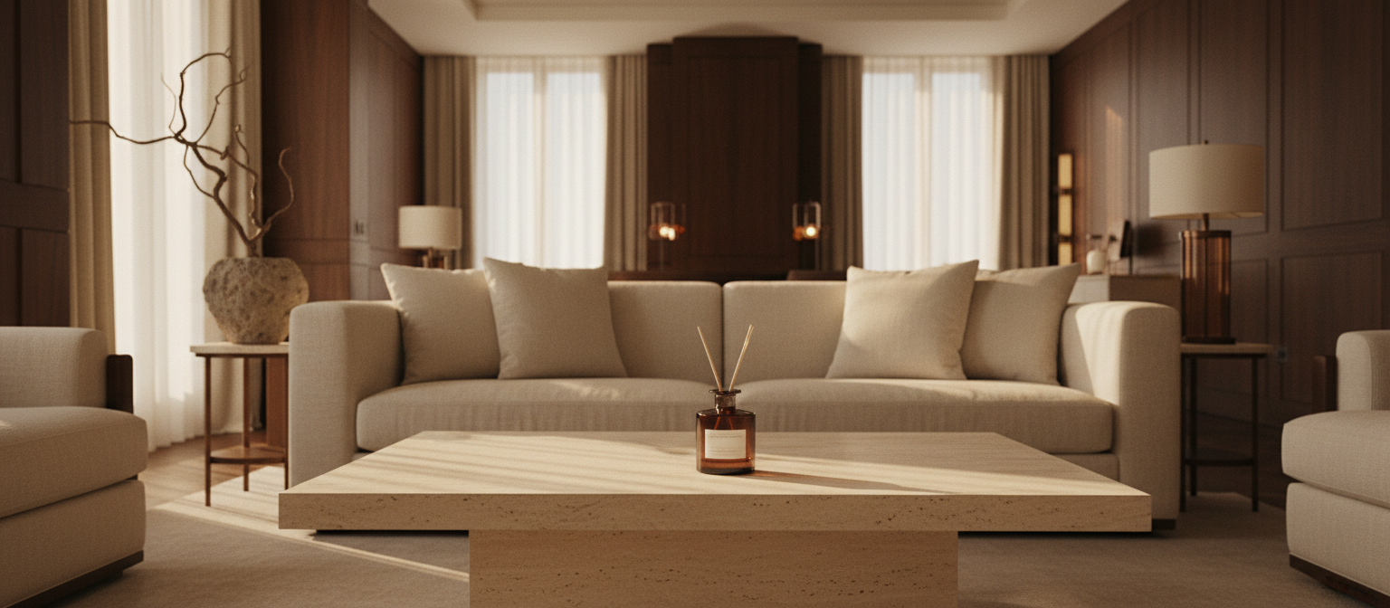 A warm hotel-suite living room in late afternoon light, with a dark amber reed diffuser on a travertine table before a cream linen sofa and walnut panelling