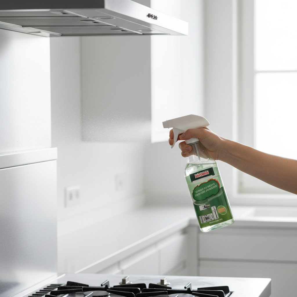 Le nettoyant multi-usages vaporisé en fine brume sur une crédence en inox