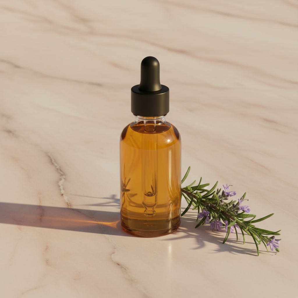 Amber glass hair growth oil bottle with a dropper on blush marble beside rosemary