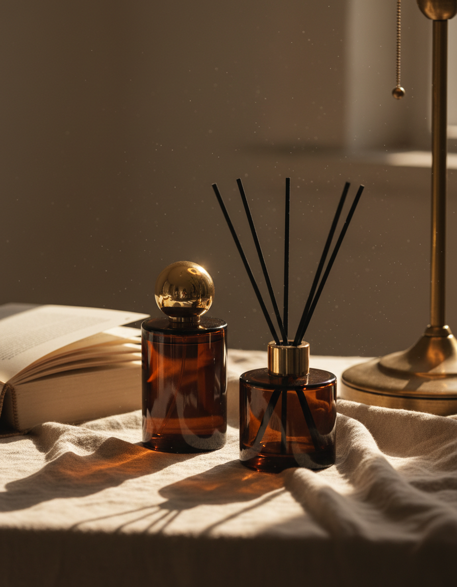 Close-up of a dark amber glass diffuser on linen beside a brass lamp in golden evening light