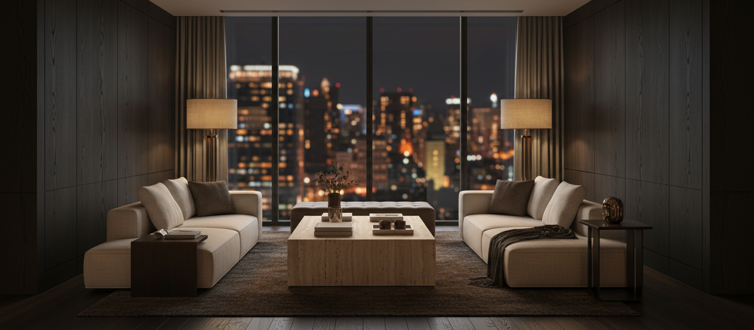 A luxury residential interior at night with dark oak panelling, low linen seating and a soft city glow beyond the window