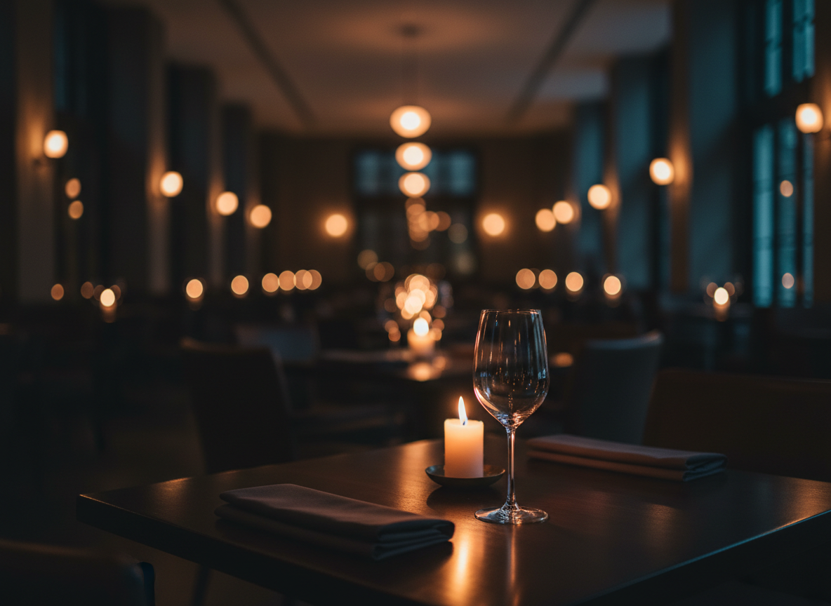 Candlelit table in a dark, upscale restaurant dining room at night