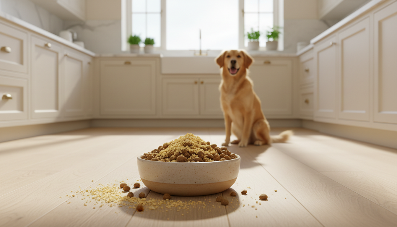 A stoneware dog bowl topped with crumbled freeze-dried quail egg yolk in a bright kitchen