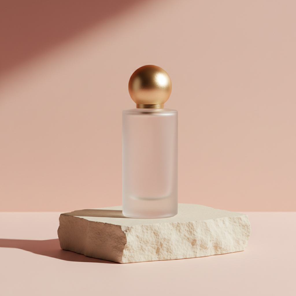 Frosted glass perfume bottle with a gold cap on a cream stone pedestal