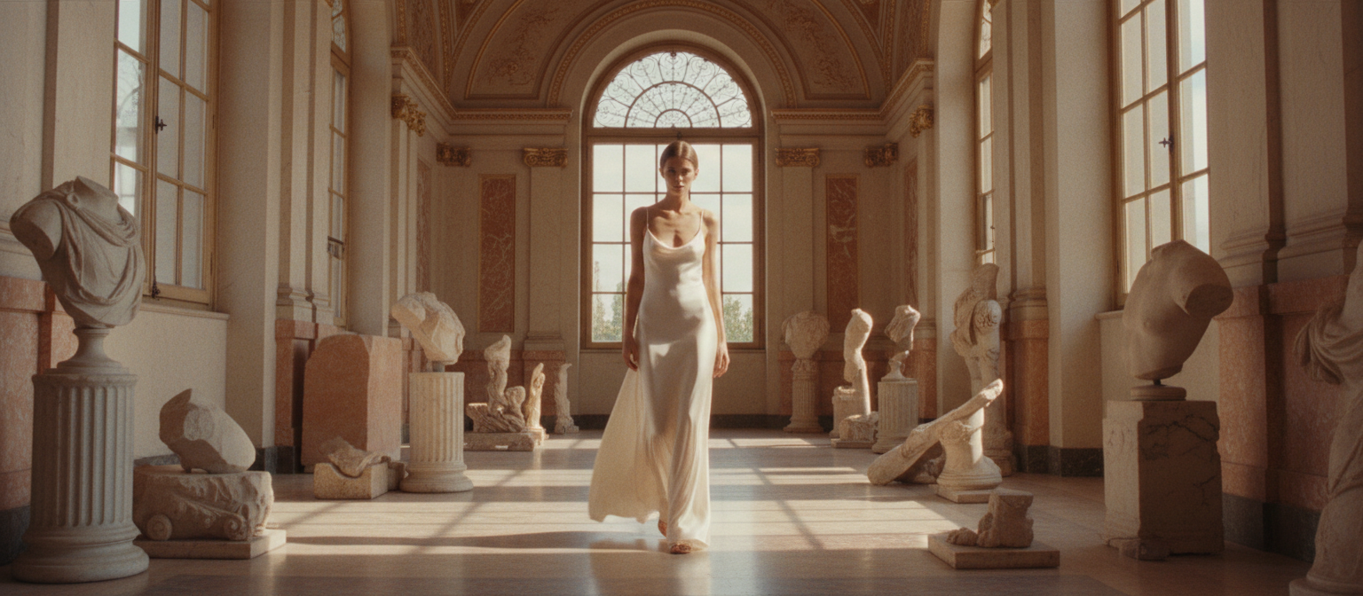 Woman in an ivory satin slip dress standing in a sunlit marble gallery