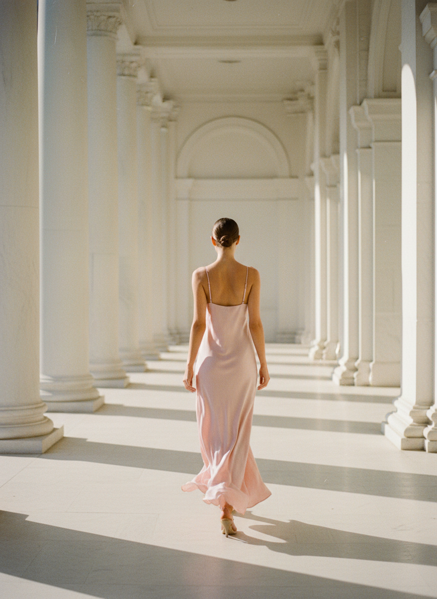 Woman in a blush pink slip dress walking through a sunlit marble colonnade