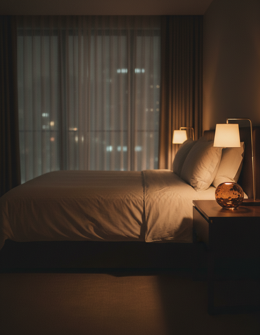 A dark bedroom at night with crisp white linen lit by a single warm bedside lamp and a small amber glass vessel