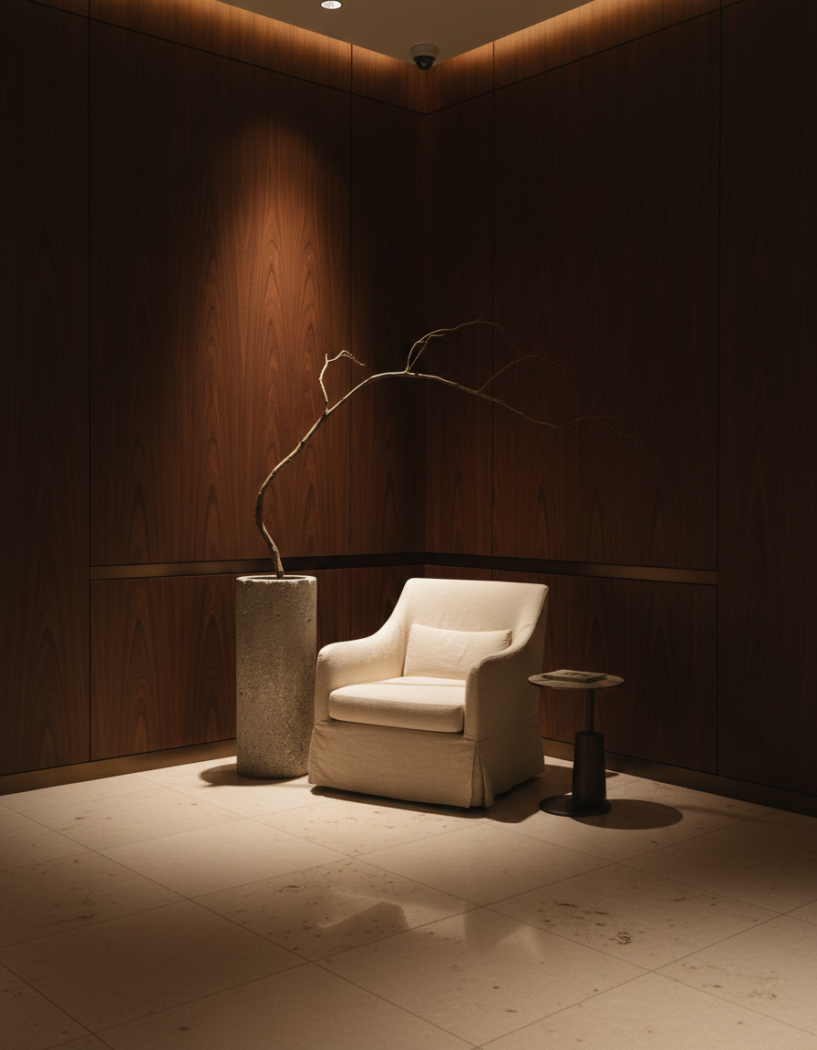 A quiet luxury hotel lobby corner with a linen armchair, dark walnut panelling and soft evening downlight