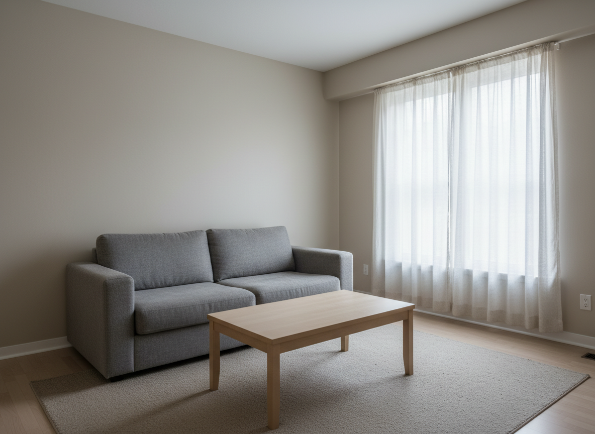 A plain, unstyled living room in flat neutral daylight