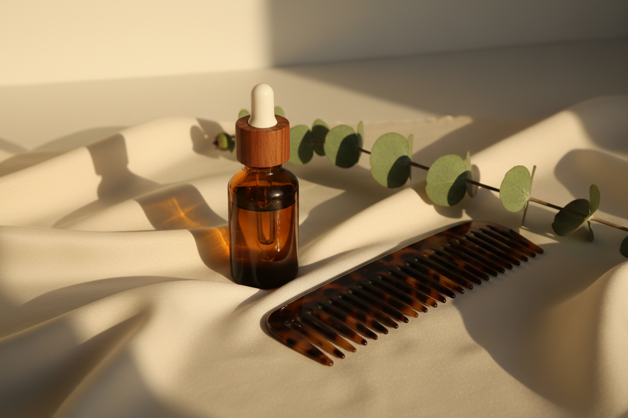 Amber glass hair oil bottle with a wooden dropper, tortoiseshell comb and eucalyptus on cream silk