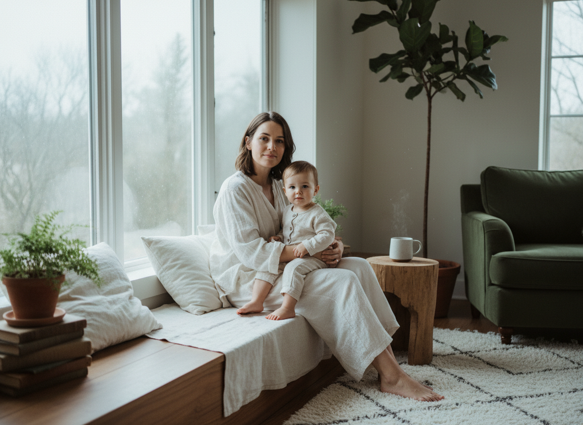 Mother and small child sitting by a window on a grey winter morning