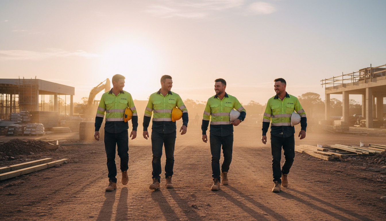 Four tradies walking across a building site at the end of the day in hi-vis fan vests