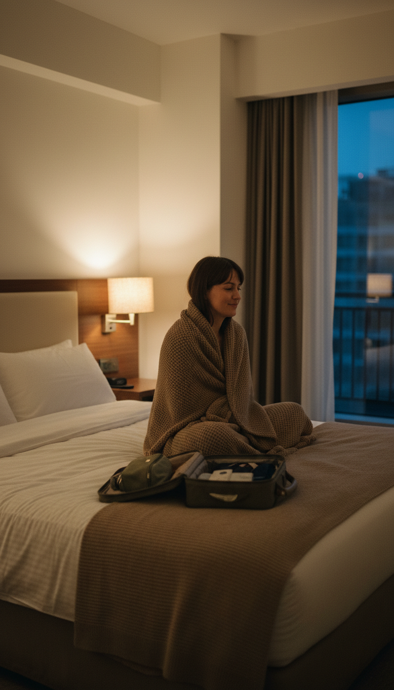A woman winding down on a hotel bed at night beside an open suitcase