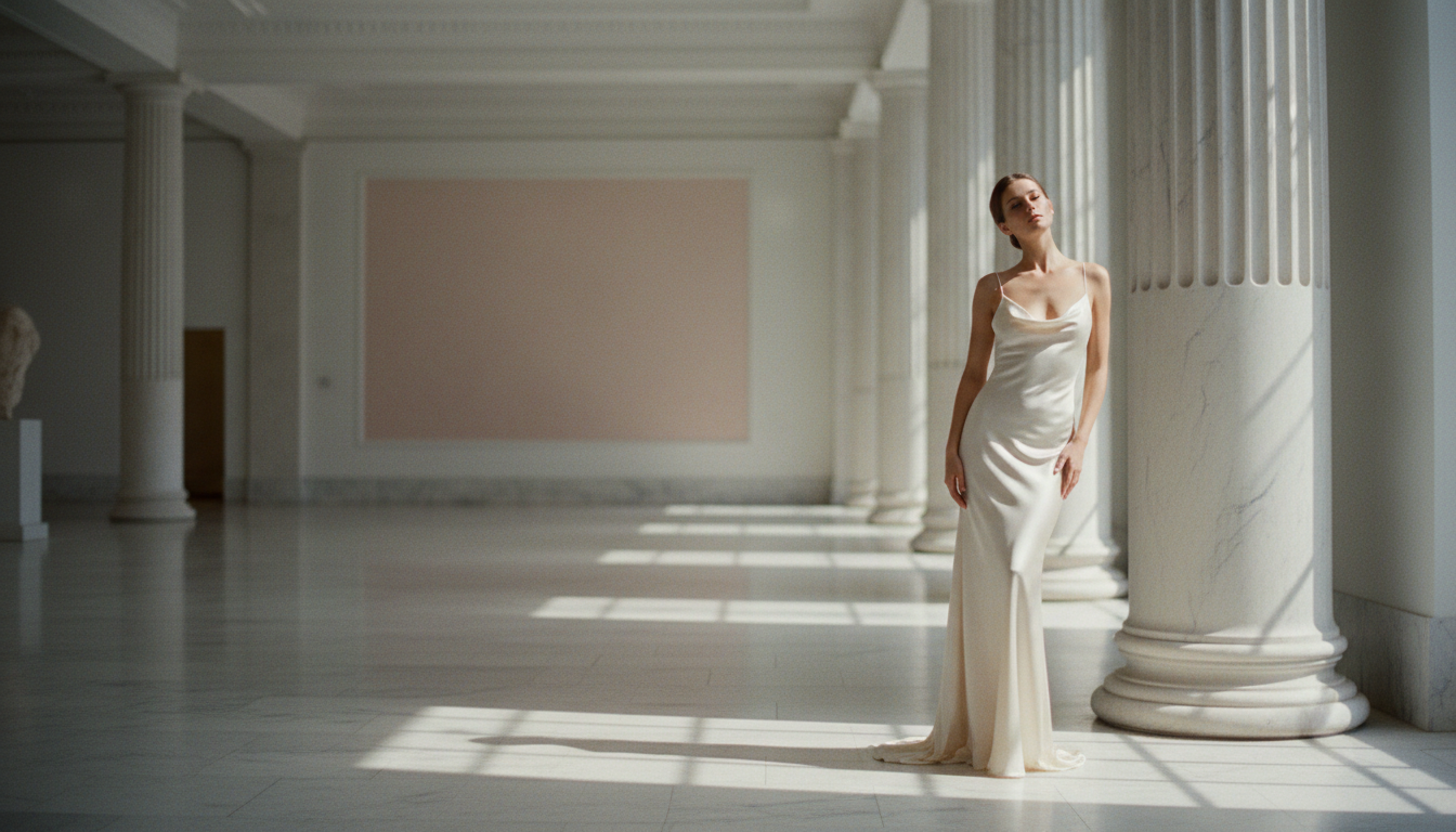 Woman in an ivory satin dress beside a classical column in a sunlit marble gallery