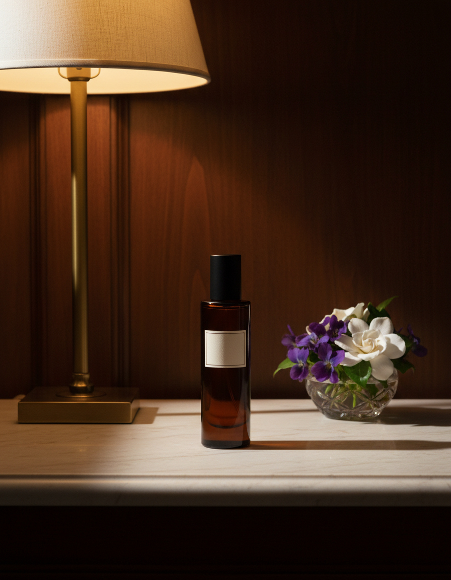 The Colonnade — dark amber glass fragrance bottle on cream marble before dark walnut panelling and warm lamplight