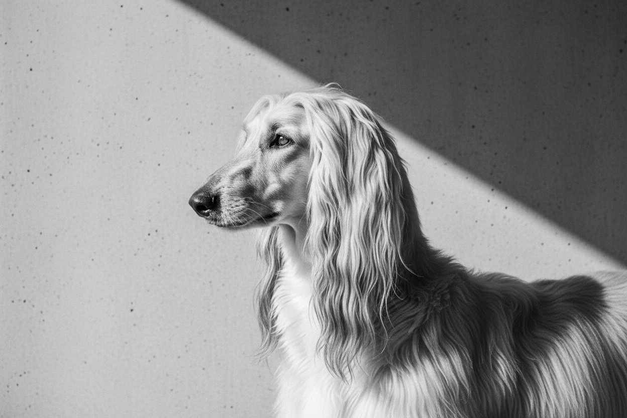 Monochrome portrait of a long-haired Afghan hound in profile