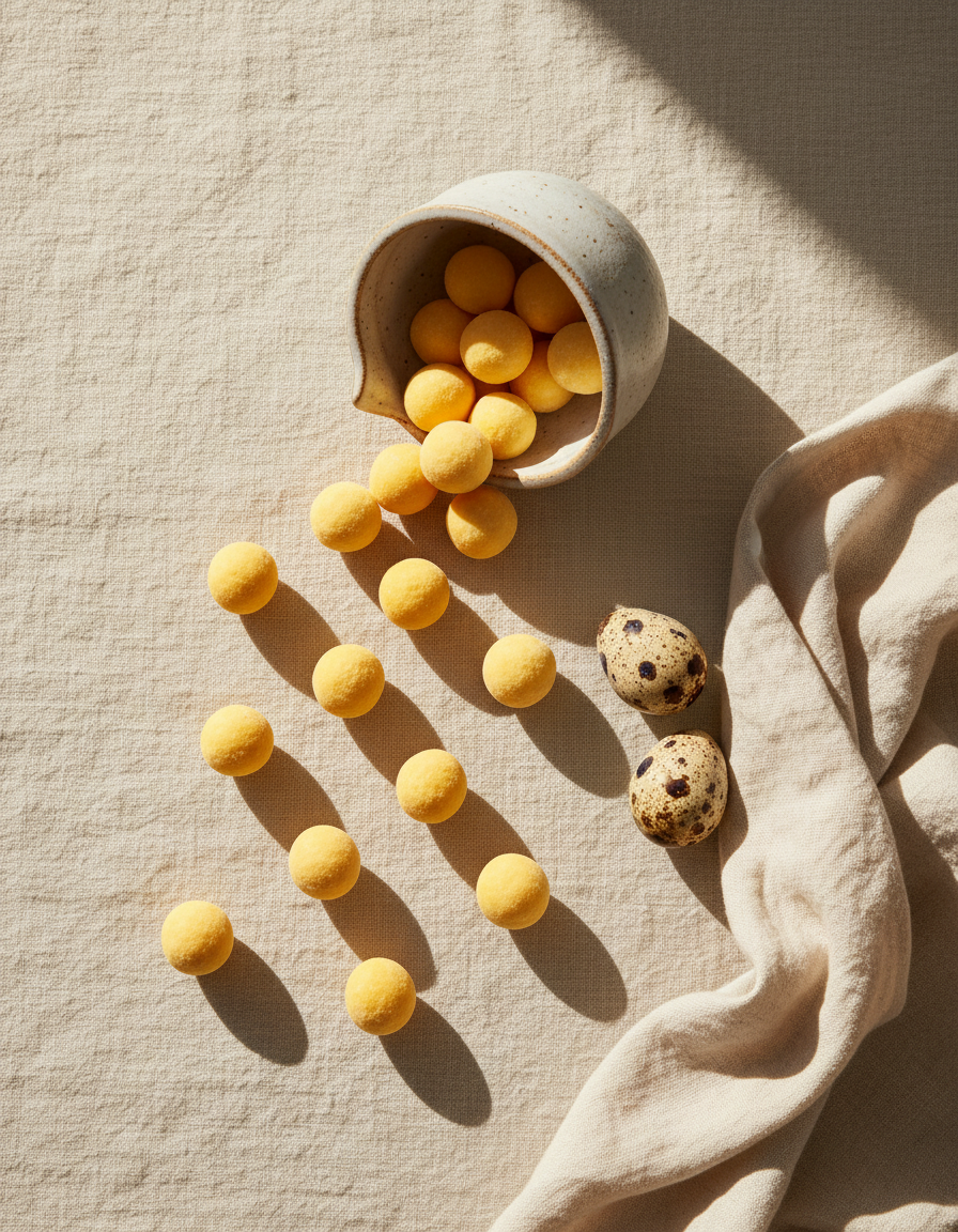 Freeze-dried quail egg yolks spilling from a ceramic dish beside two quail eggs