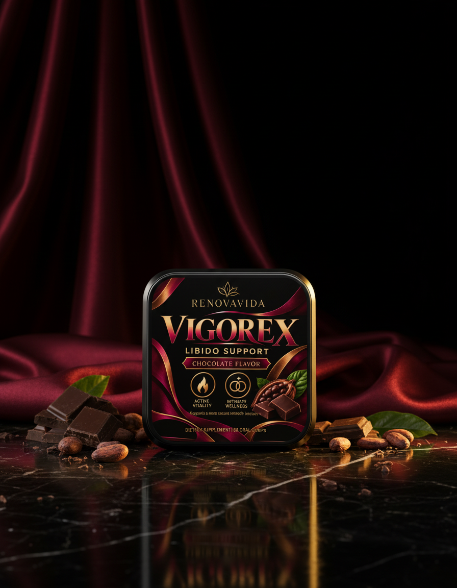 Lata de VIGOREX sobre mármol negro con seda vino y cacao