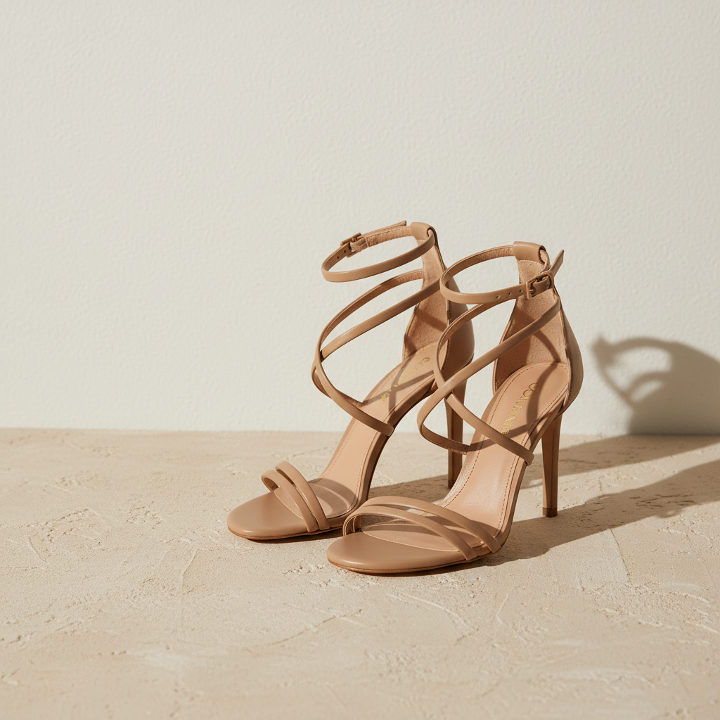 Strappy nude-beige heeled sandals on a pale plaster surface