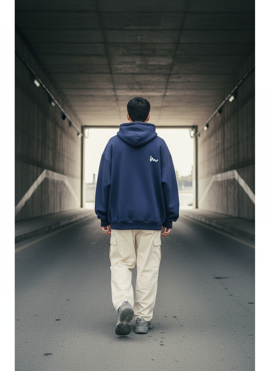 Homme de dos en hoodie oversize dans un passage en béton