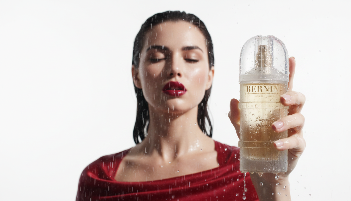 Bernini Original Woman eau de parfum held in the rain by a woman in scarlet silk