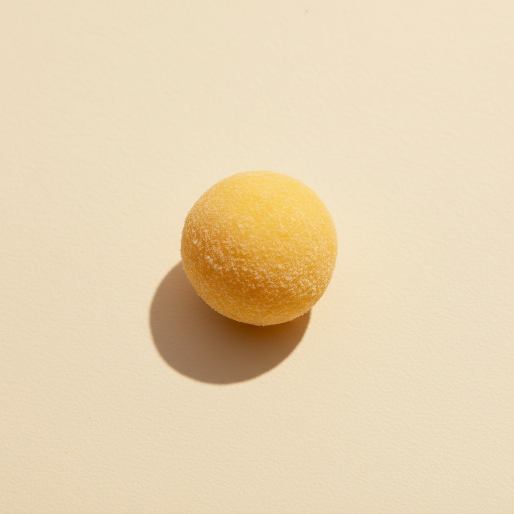 Close-up of a single freeze-dried quail egg yolk