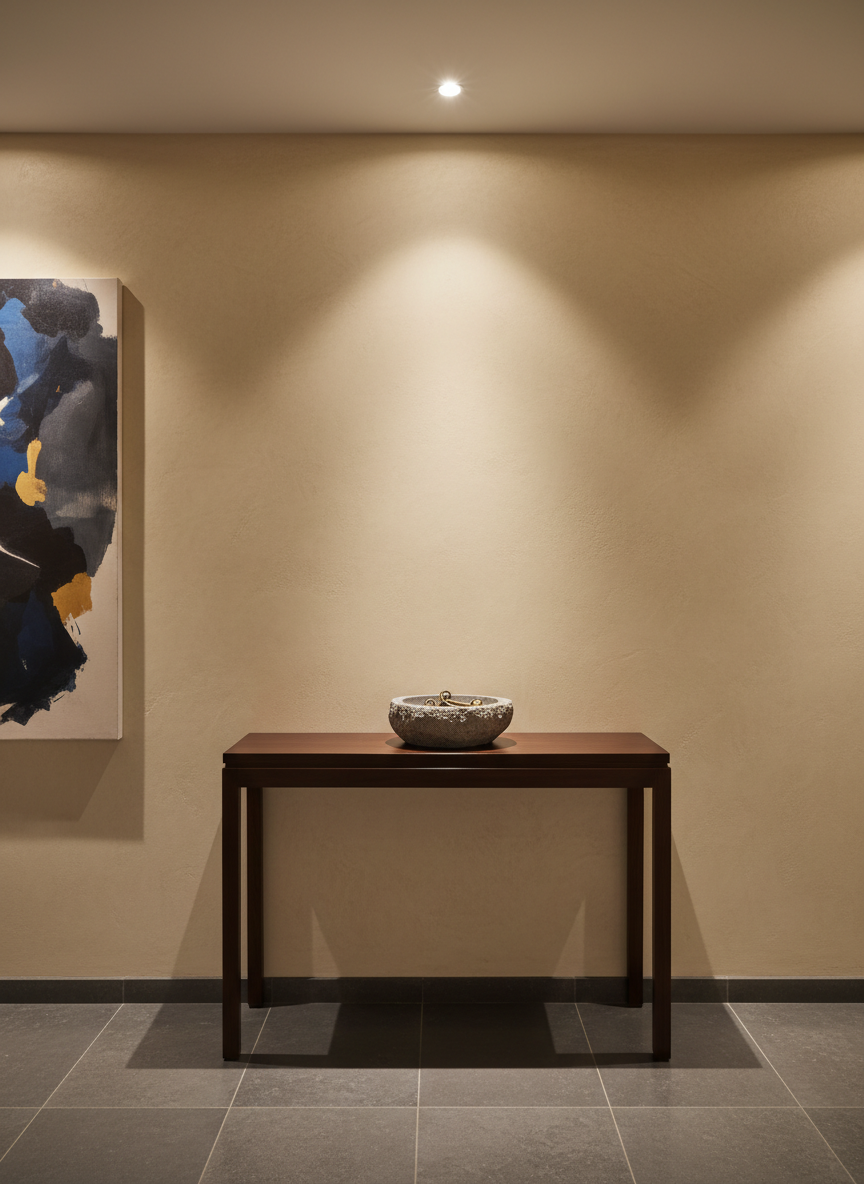 An elegant entrance hallway with a dark wood console, stone bowl and warm downlight