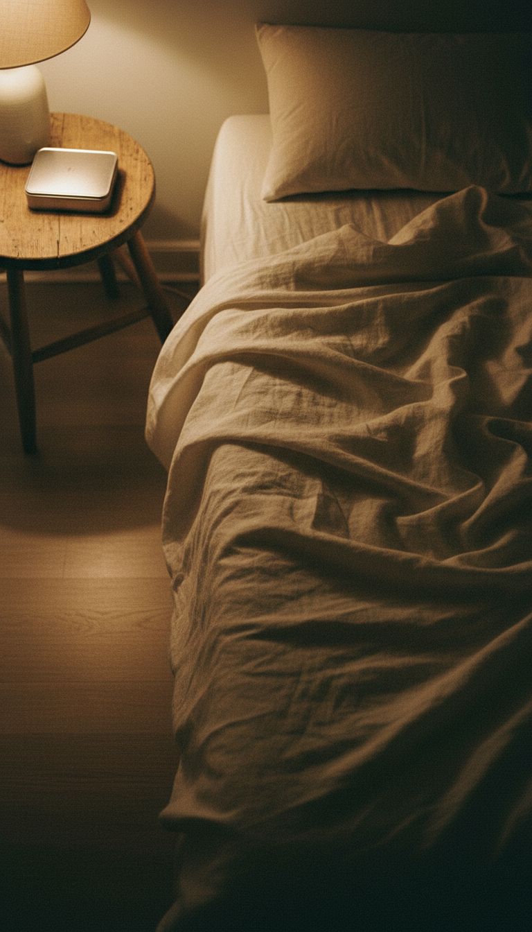Linen bedsheets at night with the tin resting on a low wooden stool beside the bed