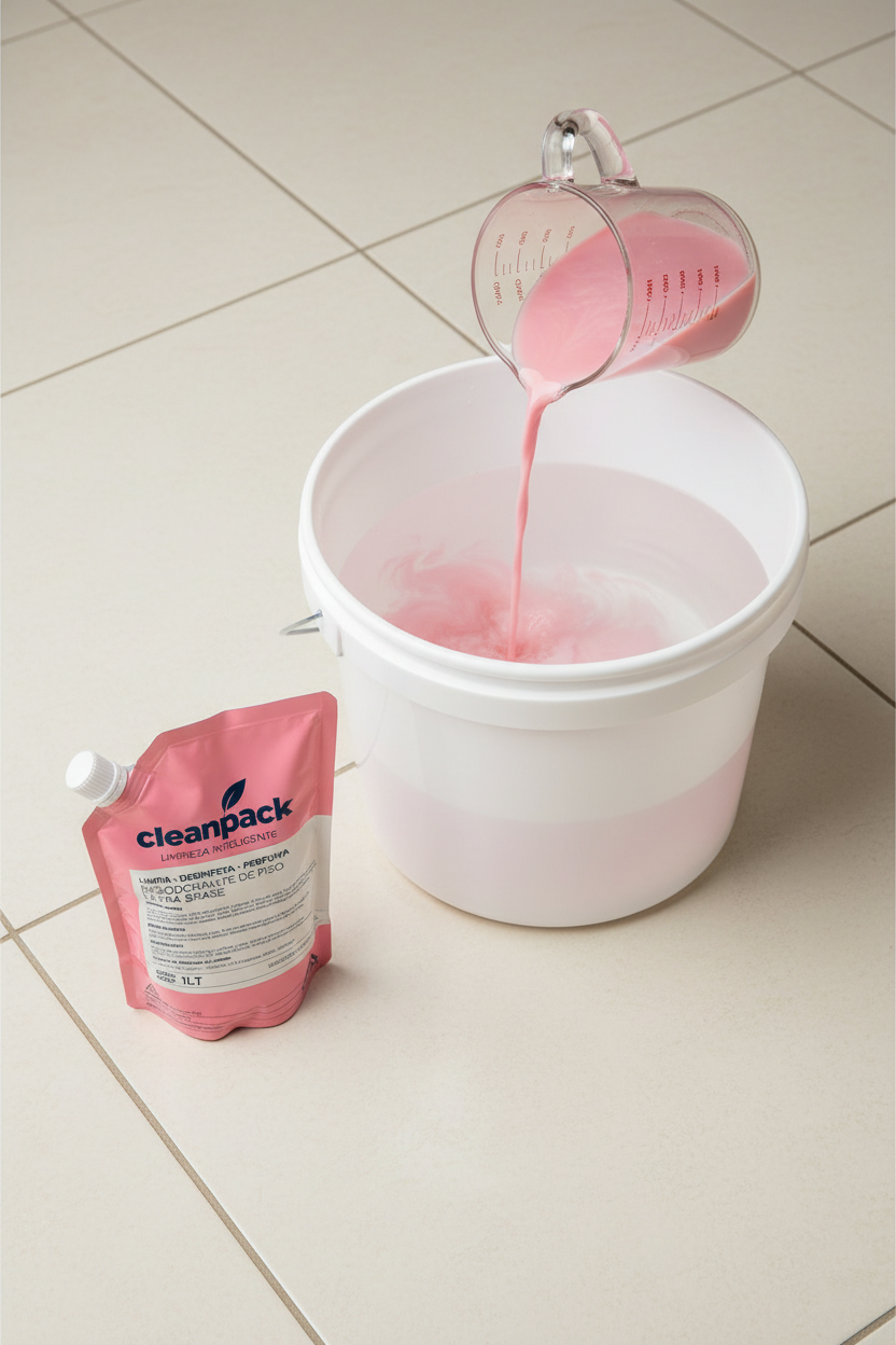 Doypack de CleanPack junto a una jarra medidora y un balde con agua, preparando la diluci&oacute;n