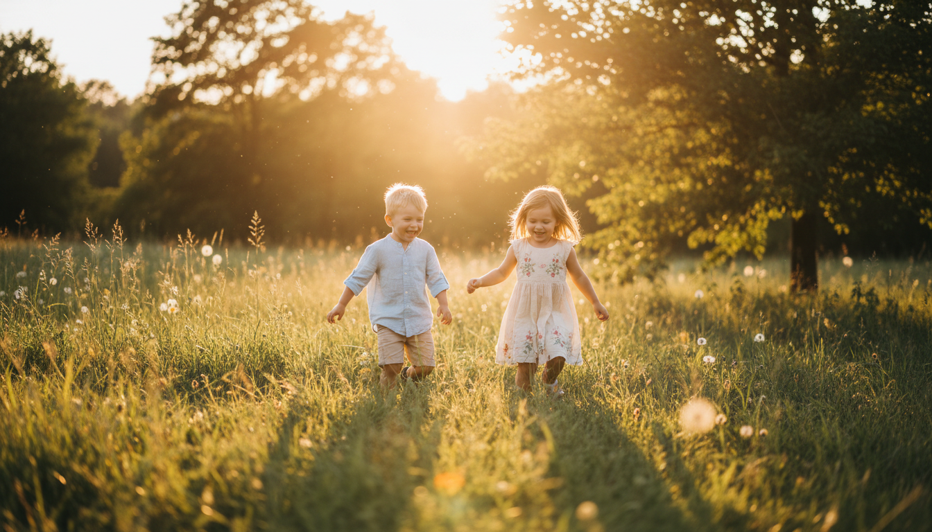 Two children playing outdoors in a meadow in low golden sunlight