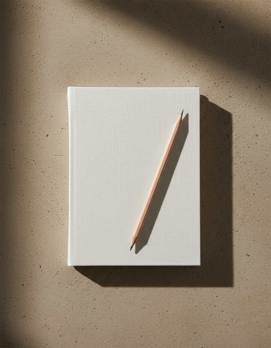 A closed linen notebook with a single pencil resting on it on a concrete desk